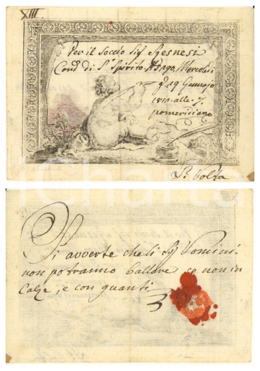 Oggetto da collezione cartaceo 1812 MILANO Contrada S. SPIRITO 5290 Invito uomo per ballo con calze RARO 8 1