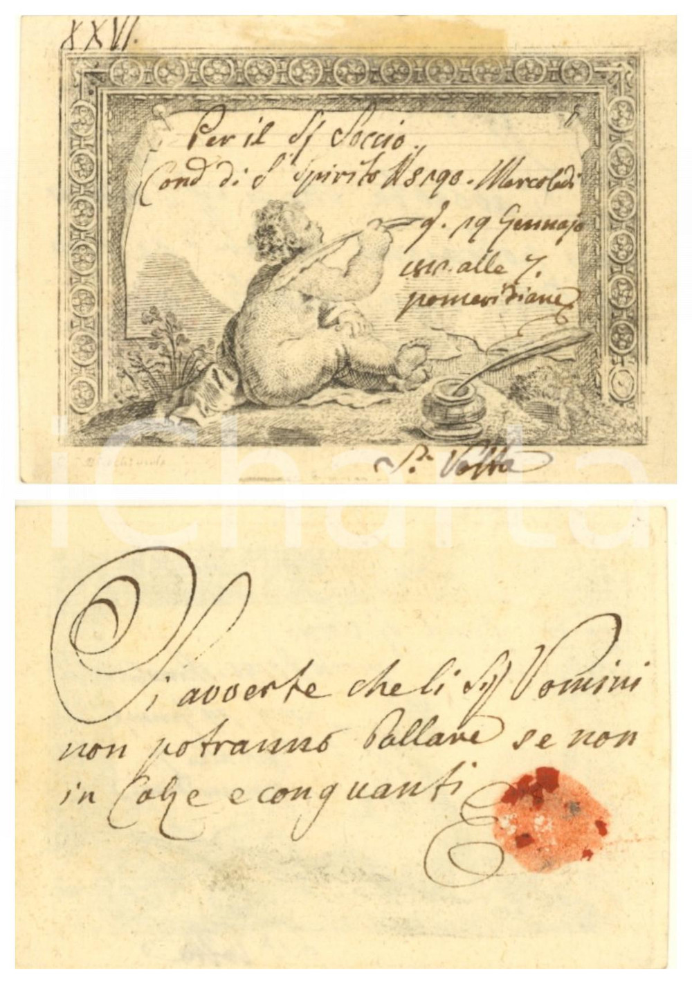 Oggetto da collezione cartaceo 1812 MILANO Contrada S. SPIRITO 5290 Invito uomo per ballo con calze RARO 9 1