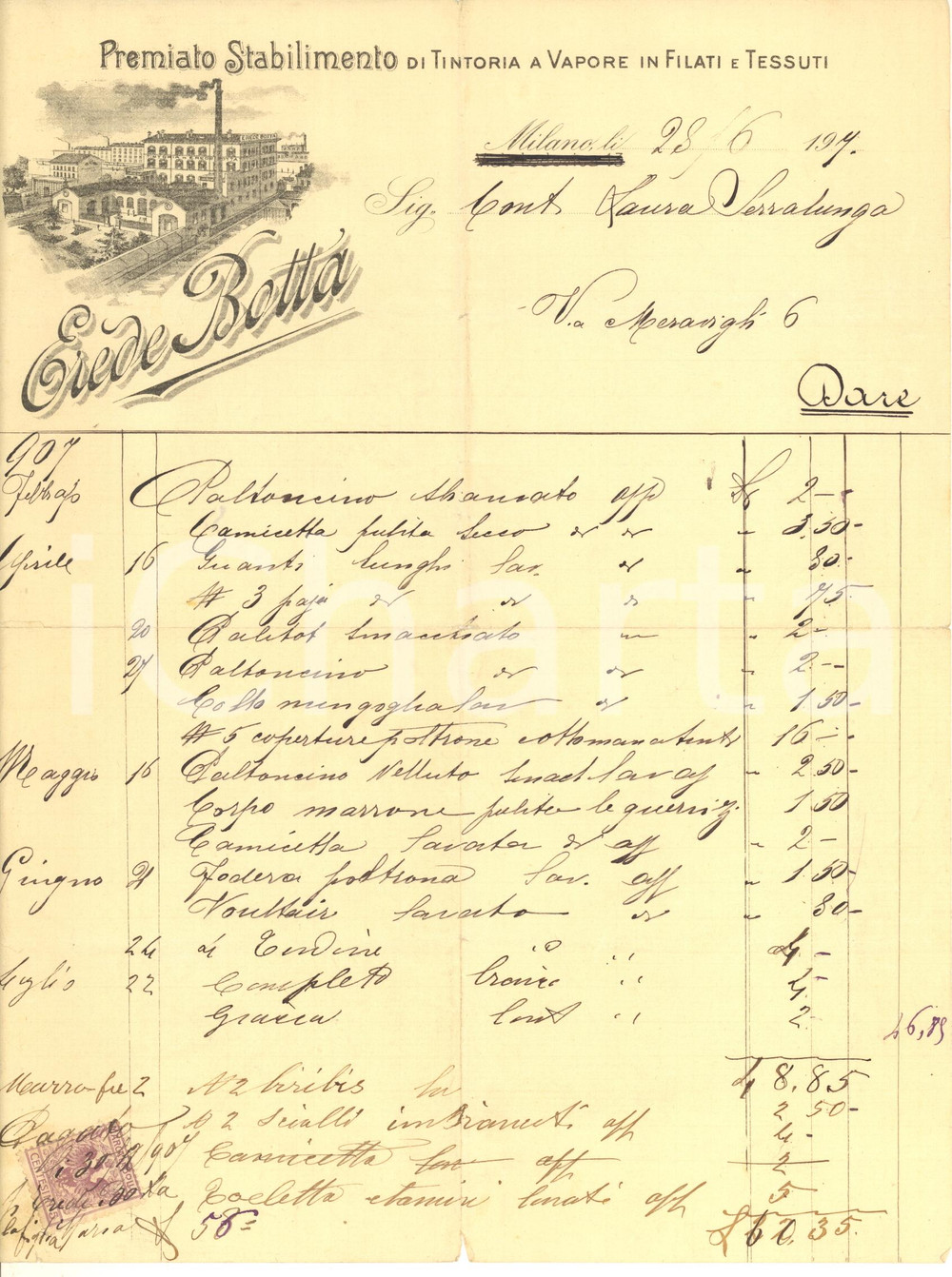 Documento originale, autentico 1907 MILANO  Erede BOTTA Stabilimento tintoria a vapore in tessuti  Fattura 1