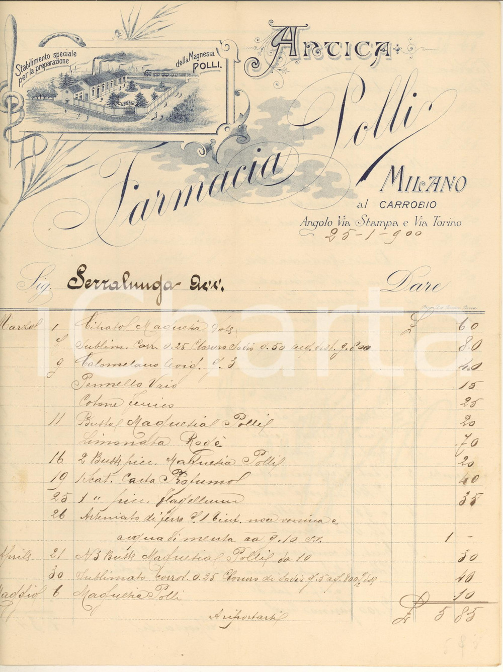 Documento originale, autentico 1900 MILANO CARROBBIO  Antica Farmacia POLLI  Fattura carta ILLUSTRATA 1