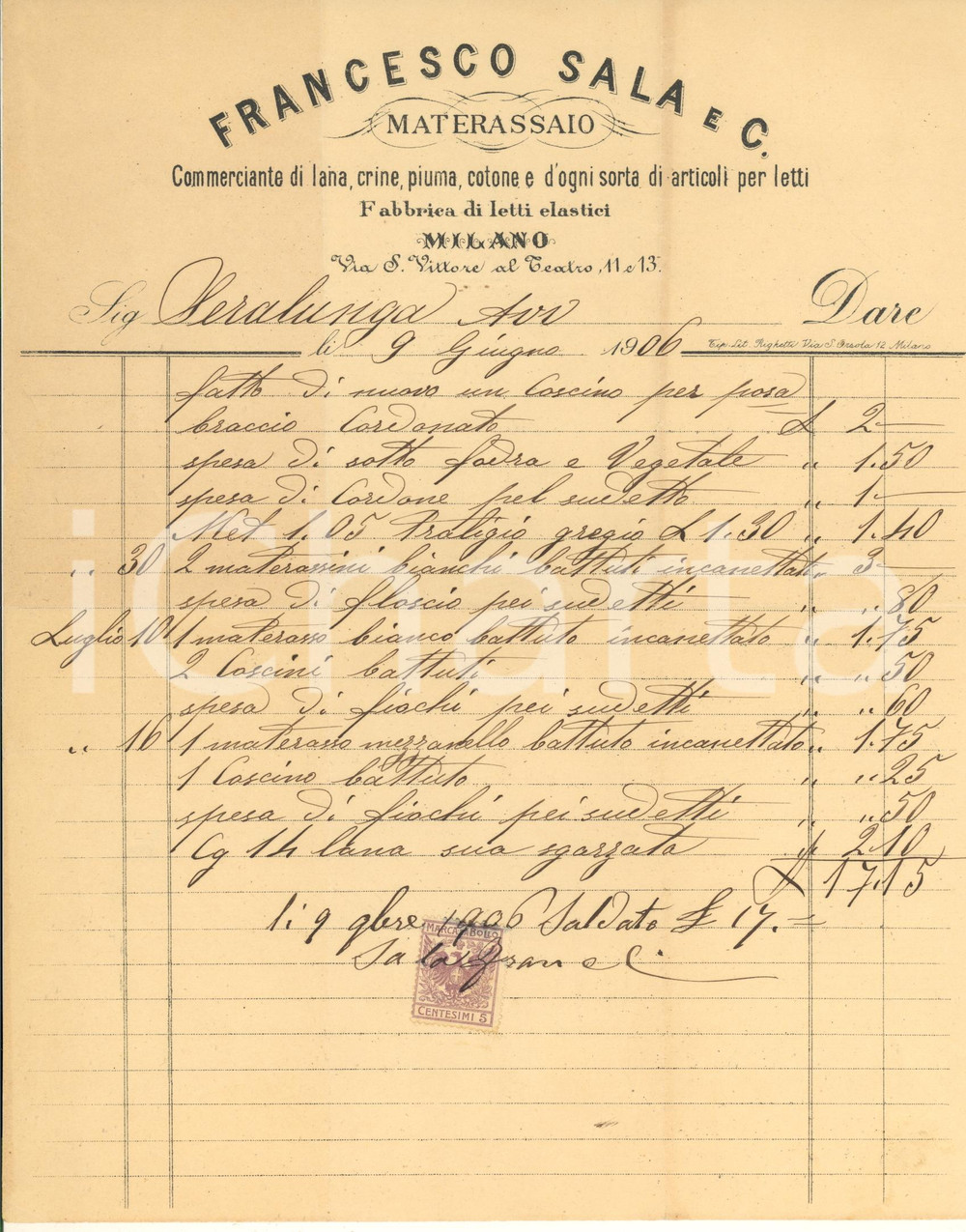 Documento originale, autentico 1906 MILANO Via S. Vittore al Teatro  Francesco SALA materassaio Fattura 1