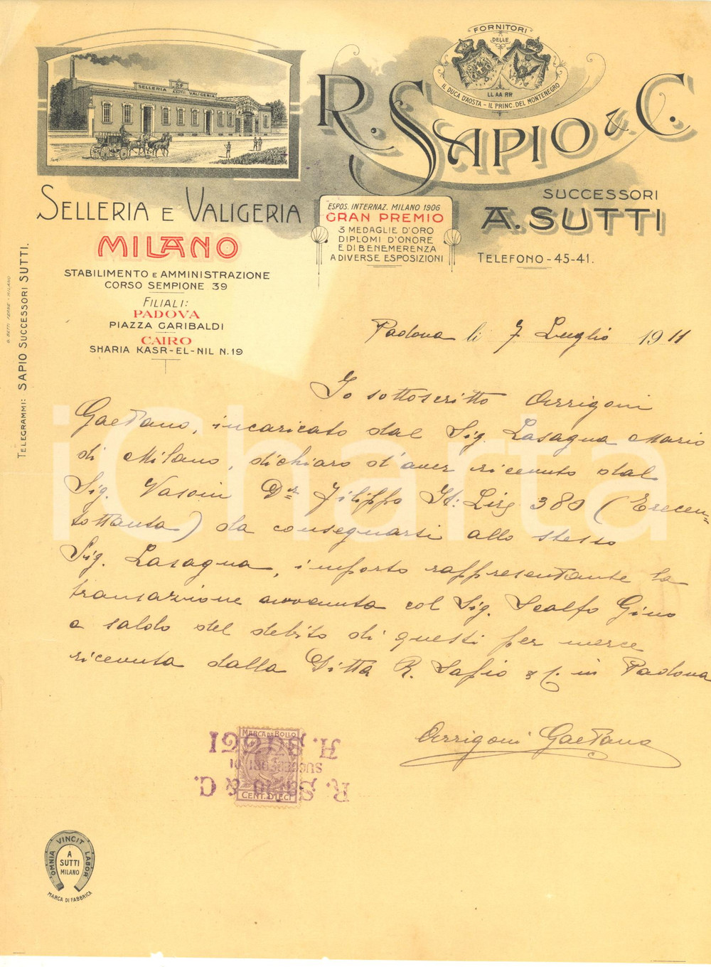 Documento originale, autentico 1911 MILANO Corso Sempione 39  R. SAPIO selleria e valigeria Lettera 1