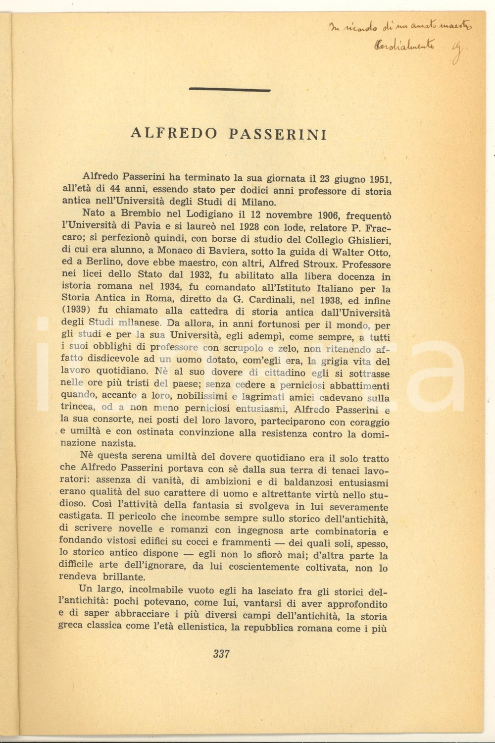Libro, pubblicazione d epoca 1951 Gianfranco TIBILETTI In memoria di Alfredo Passerini  Invio AUTOGRAFO 1