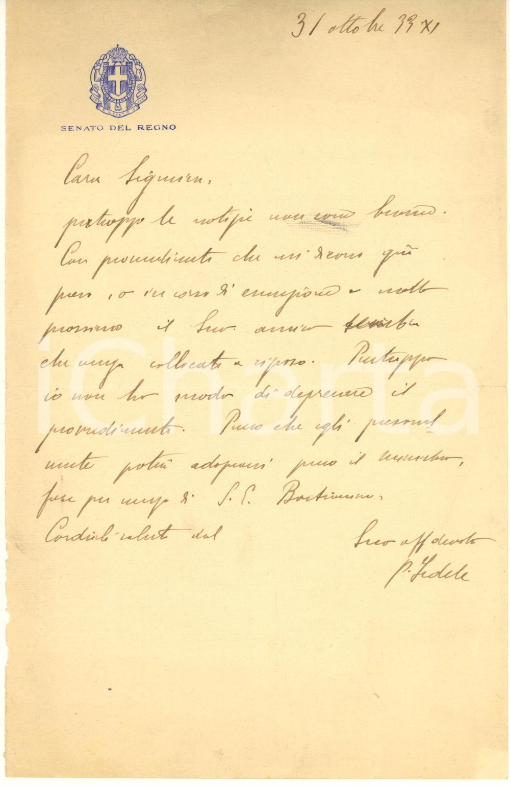 Autografo originale 1933 ROMA Lettera senatore Pietro FEDELE su collocamento a riposo AUTOGRAFO 1