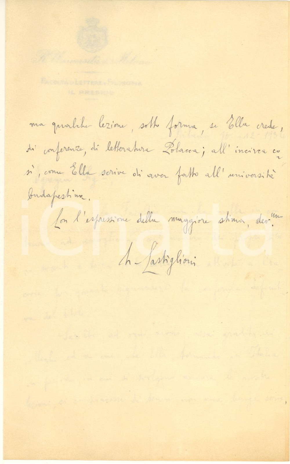 Autografo originale 1934 Università di MILANO  Preside Luigi CASTIGLIONI a una docente AUTOGRAFO 1