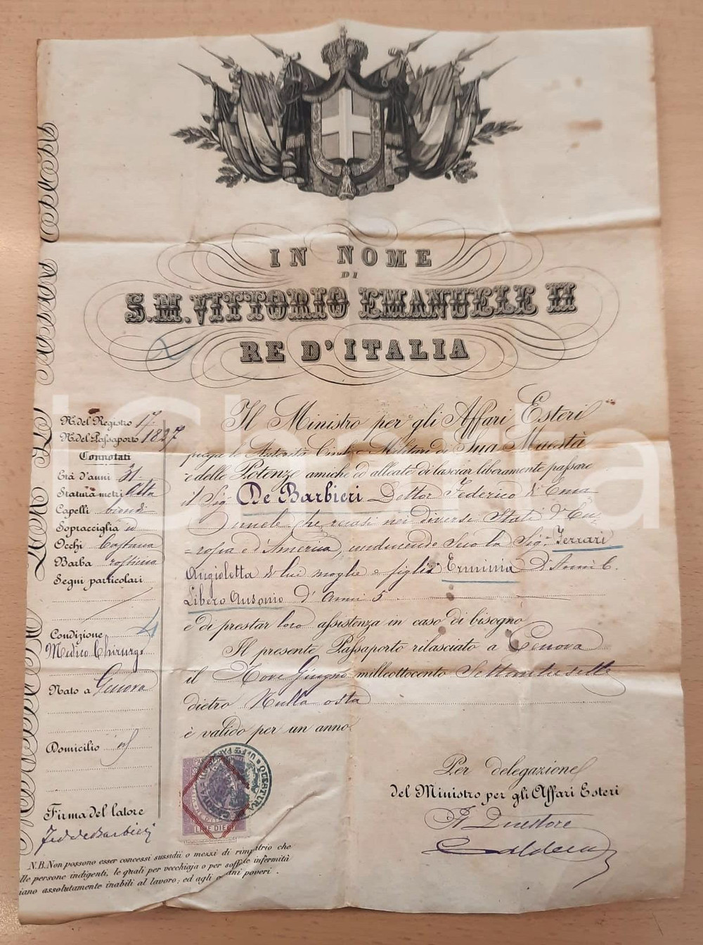 Documento originale, autentico 1877 REGNO D ITALIA GENOVA Lasciapassare al chirurgoDE BARBIERI Europa e America 1