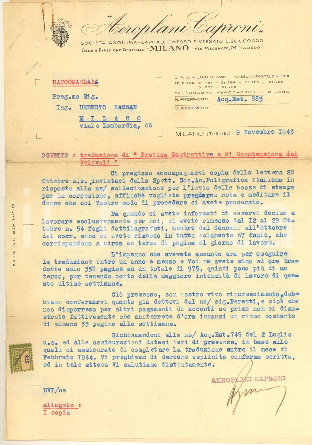 Documento originale, autentico 1943 MILANO TALIEDO  Aeroplani CAPRONI  Lettera a un traduttore inadempiente 1