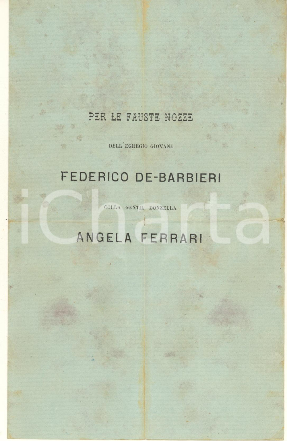 Documento originale, autentico 1880 ca E. FAZIOLA Sonetto per nozze Federico DE BARBIERI Angela FERRARI 1