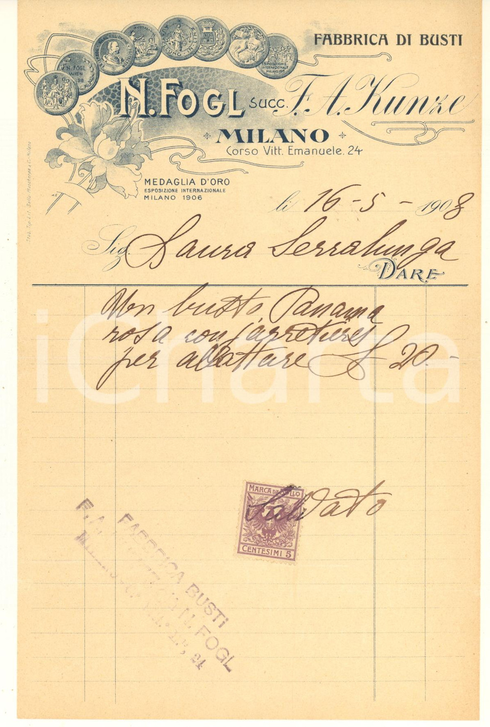 Documento originale, autentico 1908 MILANO Corso Vittorio Emanuele 24  N. FOGL Fabbrica di busti Fattura 1