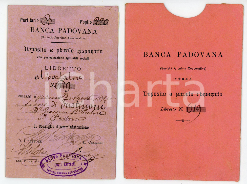 Oggetto da collezione cartaceo 1895 PADOVA Banca Padovana  Deposito a piccolo risparmio Libretto al portatore 1