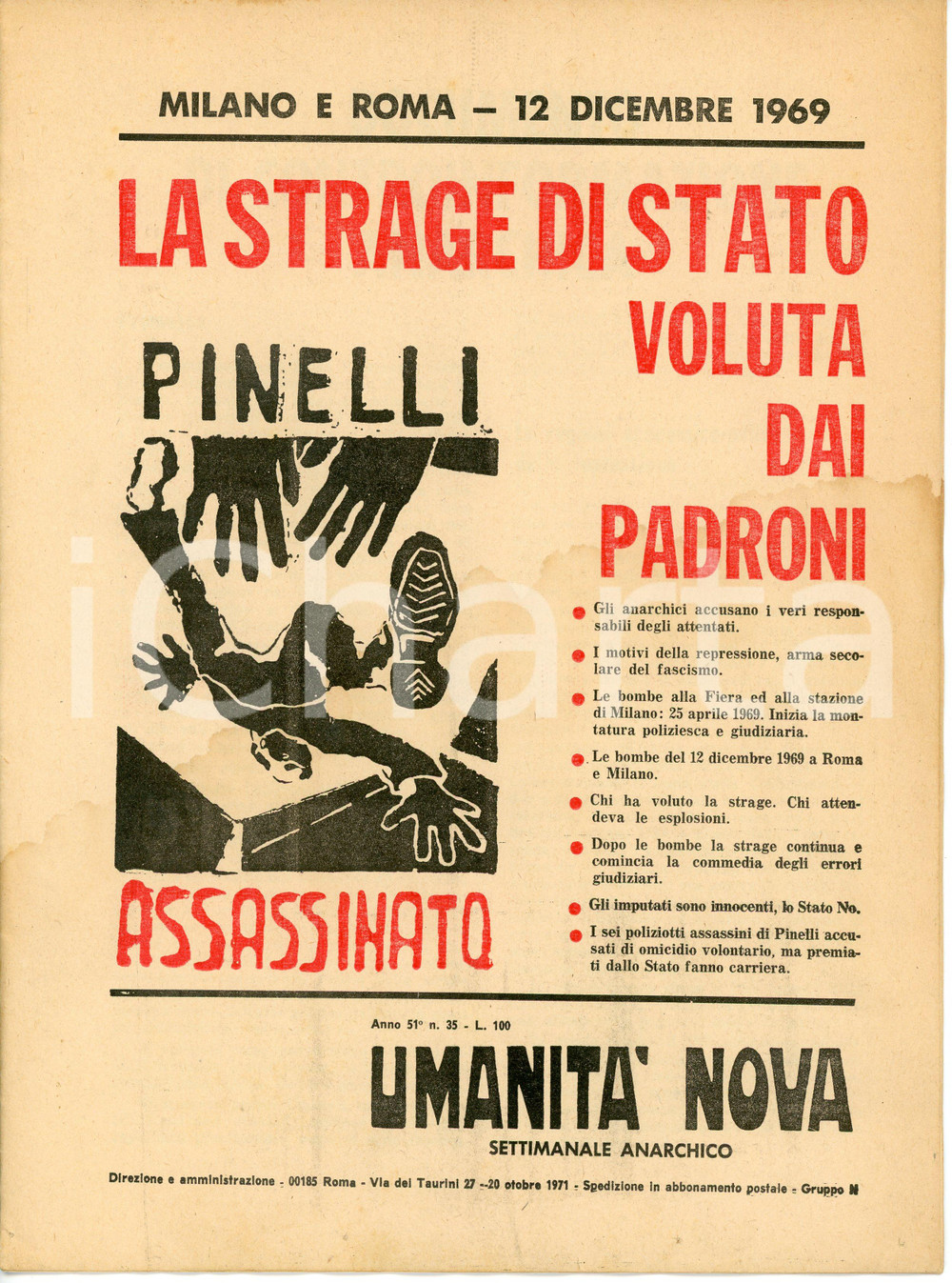 Giornale, rivista storica 1971 UMANITÀ NOVA Settimanale anarchico STRAGE DI STATO Pinelli assassinato 1