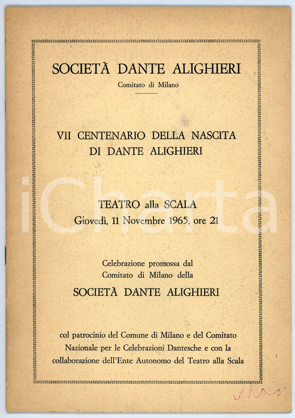 Libro, pubblicazione d epoca 1965 MILANO Teatro alla Scala VII centenario nascita Dante ALIGHIERI Programma 1