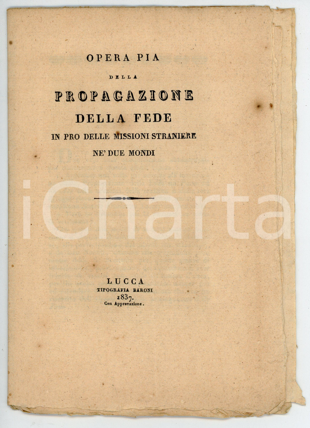 Libro, pubblicazione d epoca 1837 LUCCA Opera pia propagazione della fede missioni straniere ne  due mondi 1
