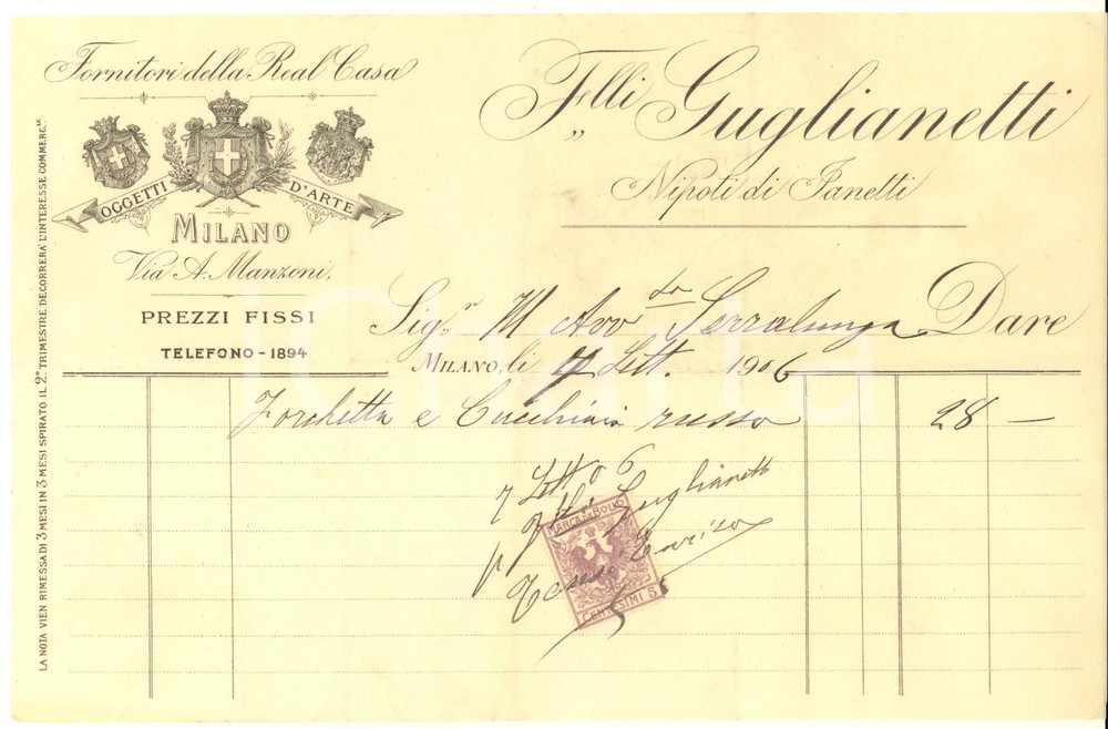 Documento originale, autentico 1906 MILANO Via A. Manzoni  F.lli GUGLIANETTI Oggetti d arte Fattura intestata 1