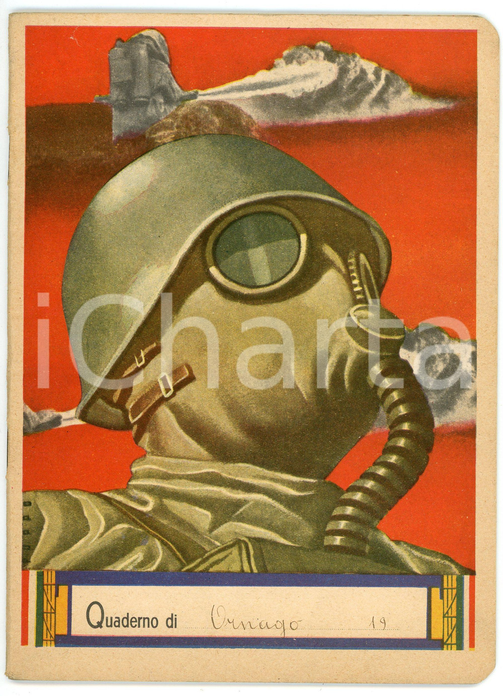 Oggetto da collezione cartaceo 1940 ca  MATEMATICA Quaderno scuola ELEMENTARE Maschera antigas  Copertina 1