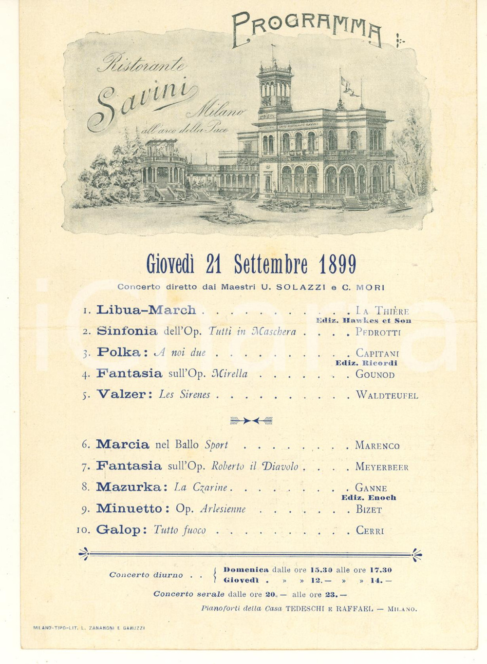 Materiale pubblicitario d’epoca 1899 MILANO Ristorante SAVINI Arco della Pace  Programma concerto e menù 1