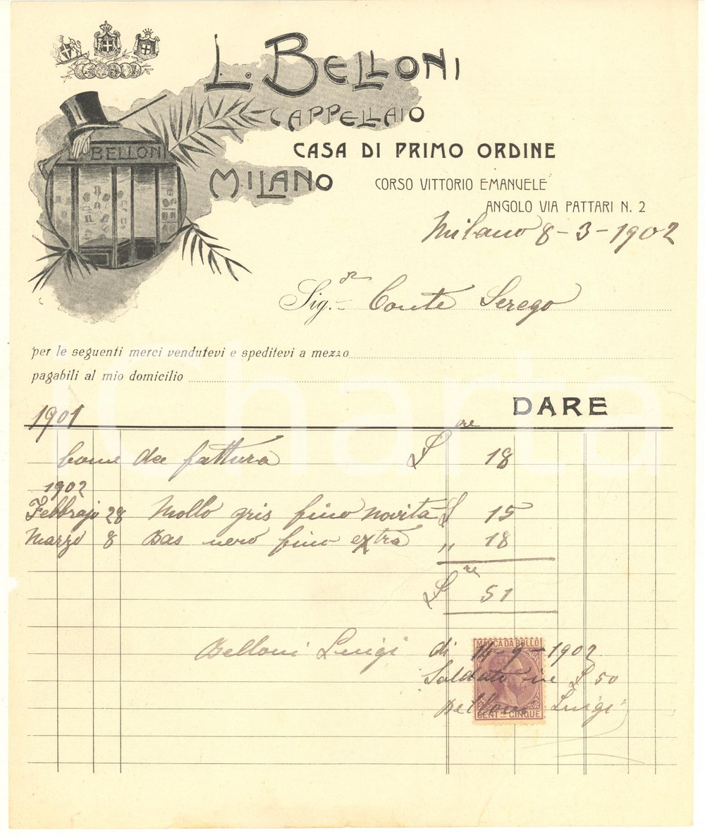 Documento originale, autentico 1902 MILANO via Pattari 2  L. BELLONI cappellaio Fattura intestata 1
