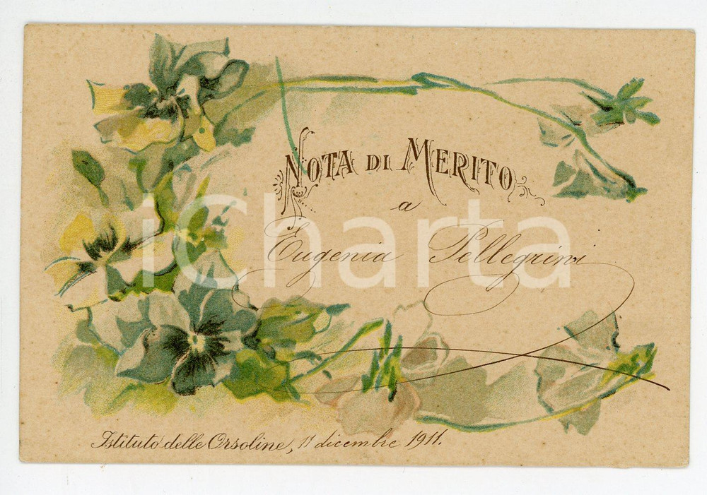 Oggetto da collezione cartaceo 1911 MILANO ? Istituto delle Orsoline  Nota di merito a studentessa 11x7 cm 1