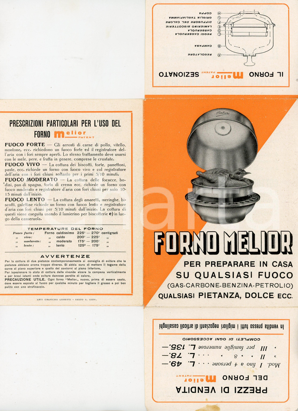 Materiale pubblicitario d’epoca 1950 ca MILANO Ditta Giuseppe MONETA Forno Melior  Pieghevole ILLUSTRATO 1