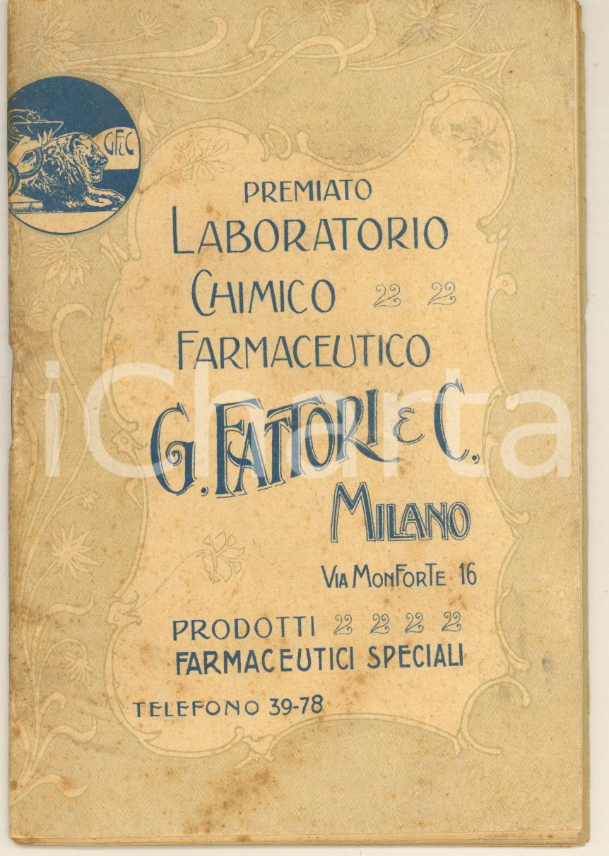 Materiale pubblicitario d’epoca 1910 ca MILANO Laboratorio Chimico Farmaceutico G. FATTORI  Malattie e rimedi 1