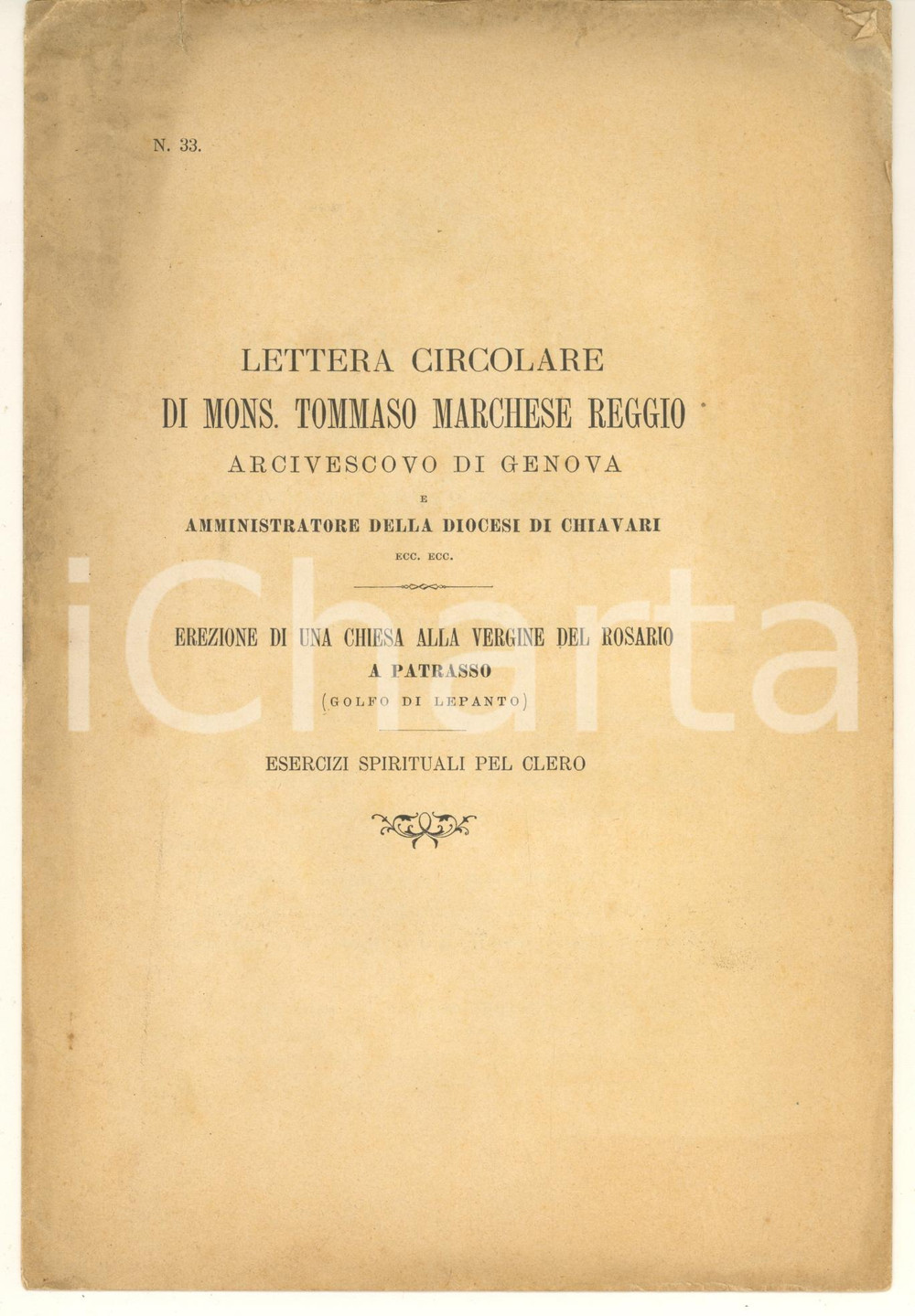 Libro, pubblicazione d epoca 1895 GENOVA Lettera mons. Tommaso REGGIO  Erezione chiesa a Patrasso 1