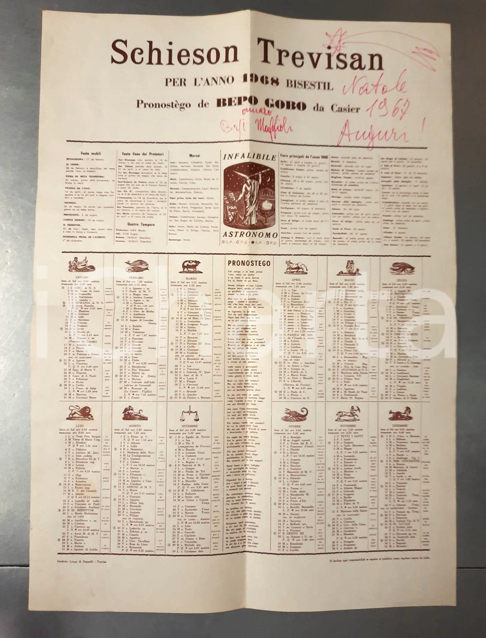 Oggetto da collezione cartaceo 1967 TREVISO  SCHIESON TREVISAN Pronostego BEPO GOBO Autografo BEPI MAFFIOLI 1