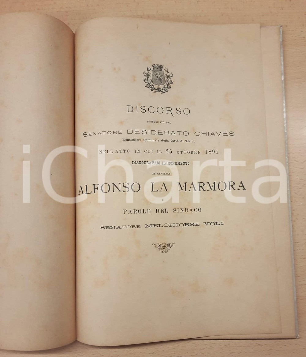 Libro, pubblicazione d epoca 1891 TORINO Discorso sen. CHIAVES e sindaco VOLI per monumento a LA MARMORA 1