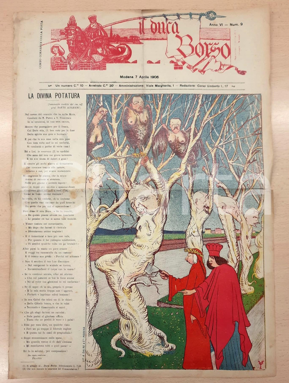 Giornale, rivista storica 1906 MODENA  IL DUCA BORSO Divina potatura Giornale satirico DANNEGGIATO 1
