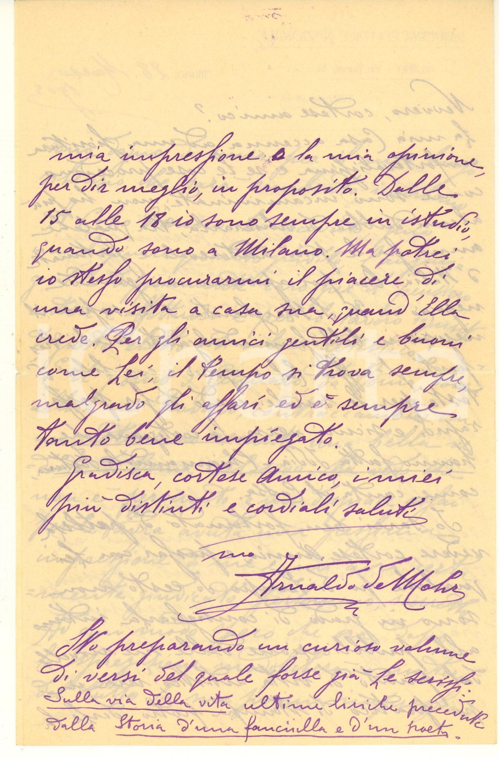 Autografo originale 1903 MILANO Arnaldo DE MOHR  Libreria Editrice in via S. Magherita Autografo 1
