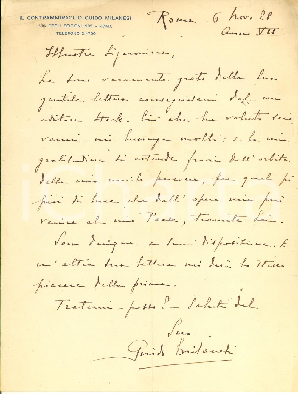Autografo originale 1928 ROMA Lettera Guido MILANESI contrammiraglio a una studiosa Autografo 1