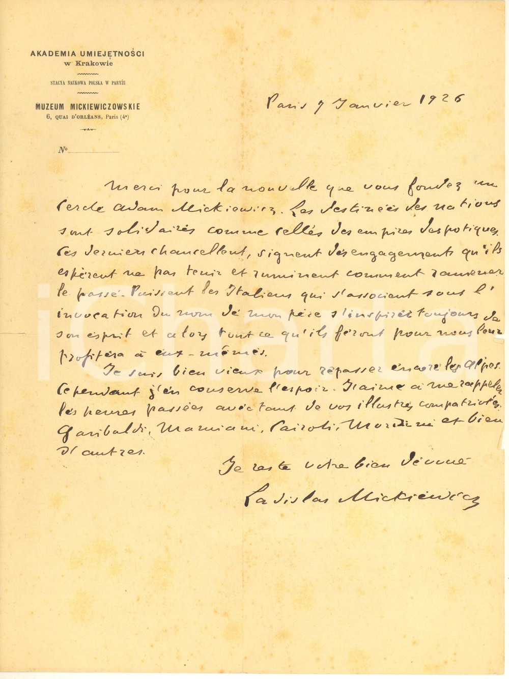 Autografo originale 1926 PARIS Lettera Ladislas MICKIEWICZ per circolo dedicato al padre Autografo 1