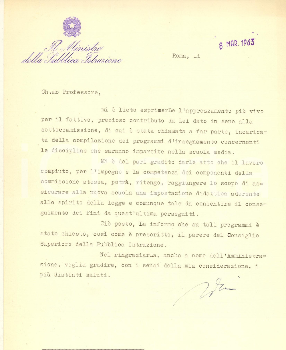 Autografo originale 1963 ROMA Lettera Luigi GUI  Ringraziamenti per collaboraborazione  Autografo 1
