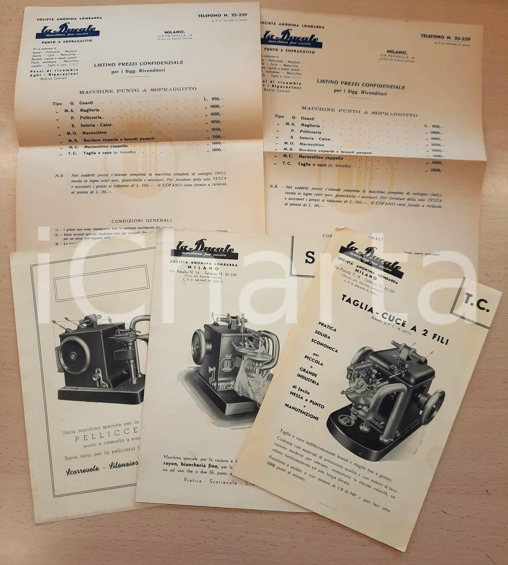 Materiale pubblicitario d’epoca 1950 ca MILANO LA DUCALE Macchine per cucire  Lotto listini e schede illustrate 1