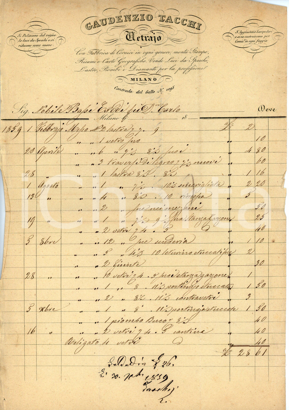 Documento originale, autentico 1850 ca MILANO Contrada del gallo 1095 Vetraio Gaudenzio TACCHI Fattura 1