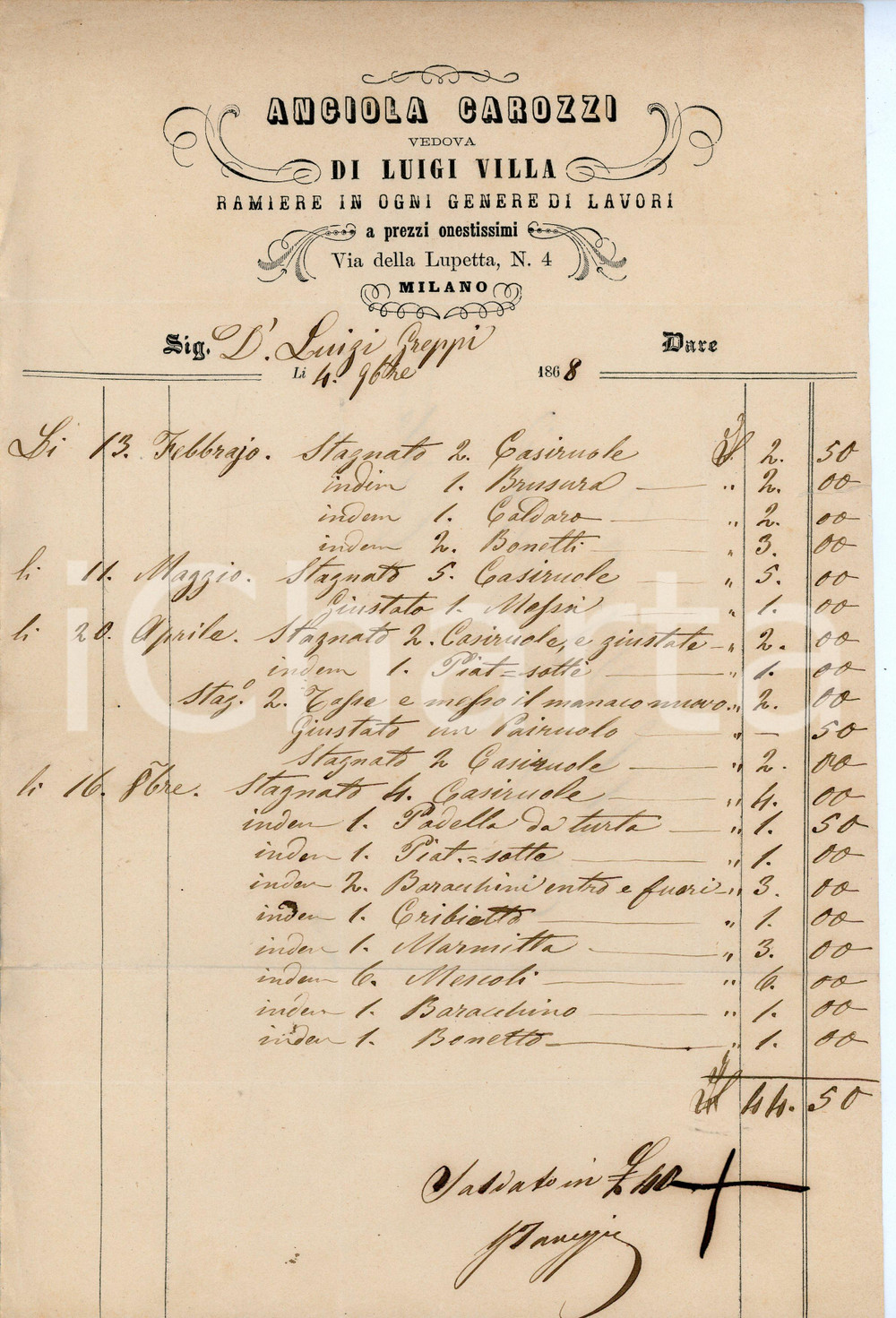 Documento originale, autentico 1868 MILANO Via Lupetta 4 Ramiere Angiola CAROZZI Vedova Luigi VILLA Fattura 1