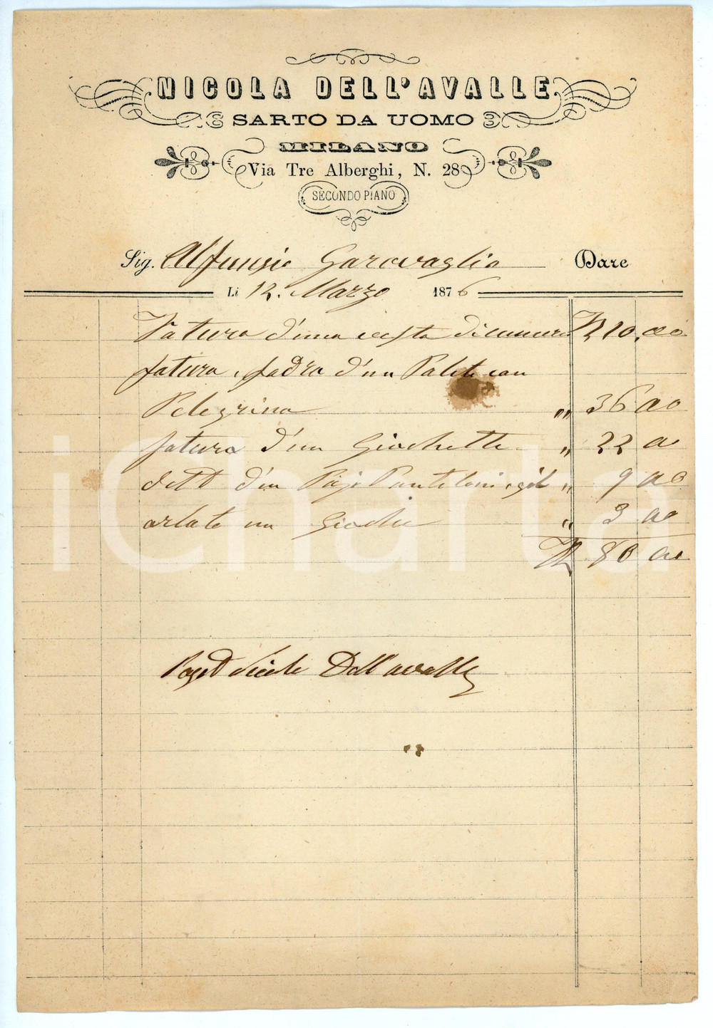 Documento originale, autentico 1876 MILANO Via Tre Alberghi 28 Nicola DELL AVALLE Sarto da uomo  Fattura 1