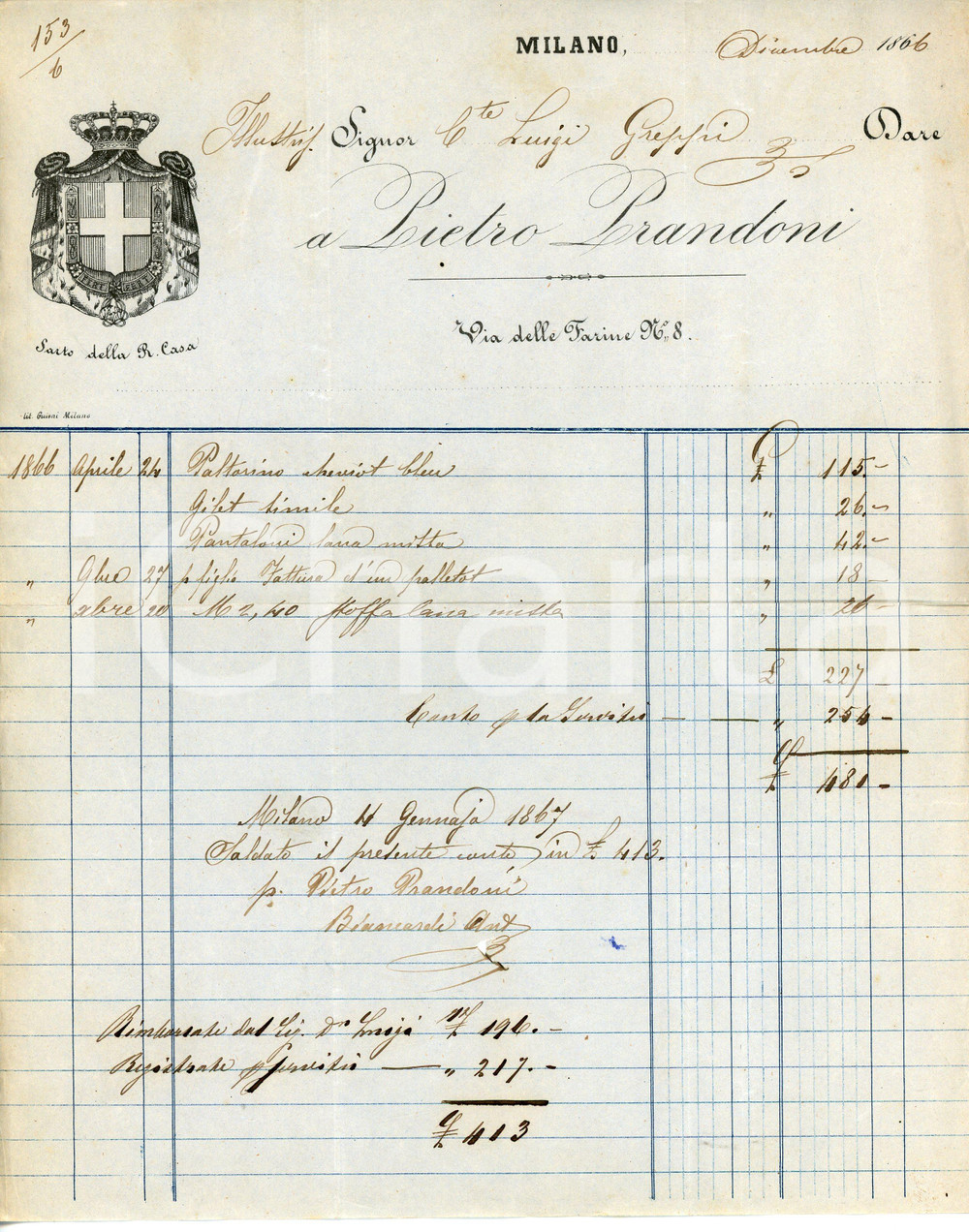 Documento originale, autentico 1866 MILANO Via delle farine 8 Pietro PRANDONI Sarto della R. Casa  Fattura 1