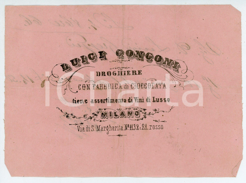 Documento originale, autentico 1866 MILANO Via S. Margherita 1132 Fabbrica di cioccolata Luigi CONCONI Ricevuta 1