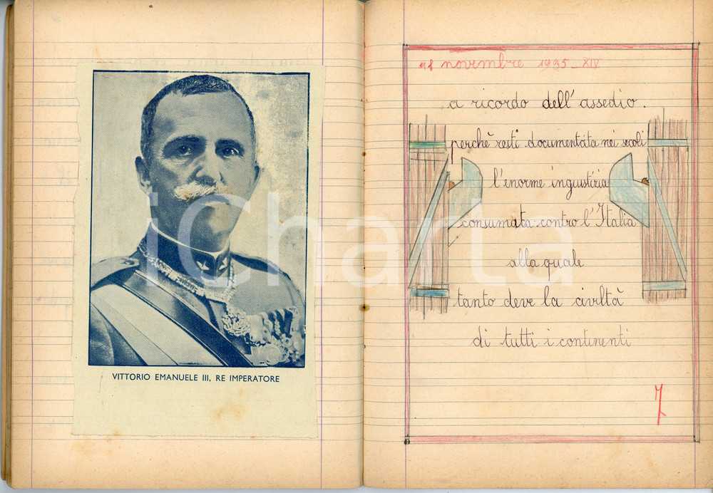 Oggetto da collezione cartaceo 1935 CULTURA FASCISTA Quaderno SCUOLA ELEMENTARE Italia nelle Colonie ILLUSTRATO 1
