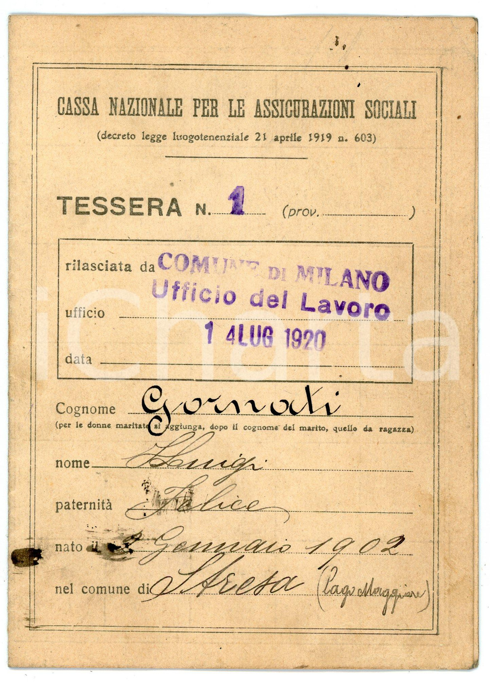 Oggetto da collezione cartaceo 1920 MILANO  CNAS Tessera n.1  Cassa Nazionale Assicurazioni Sociali 1