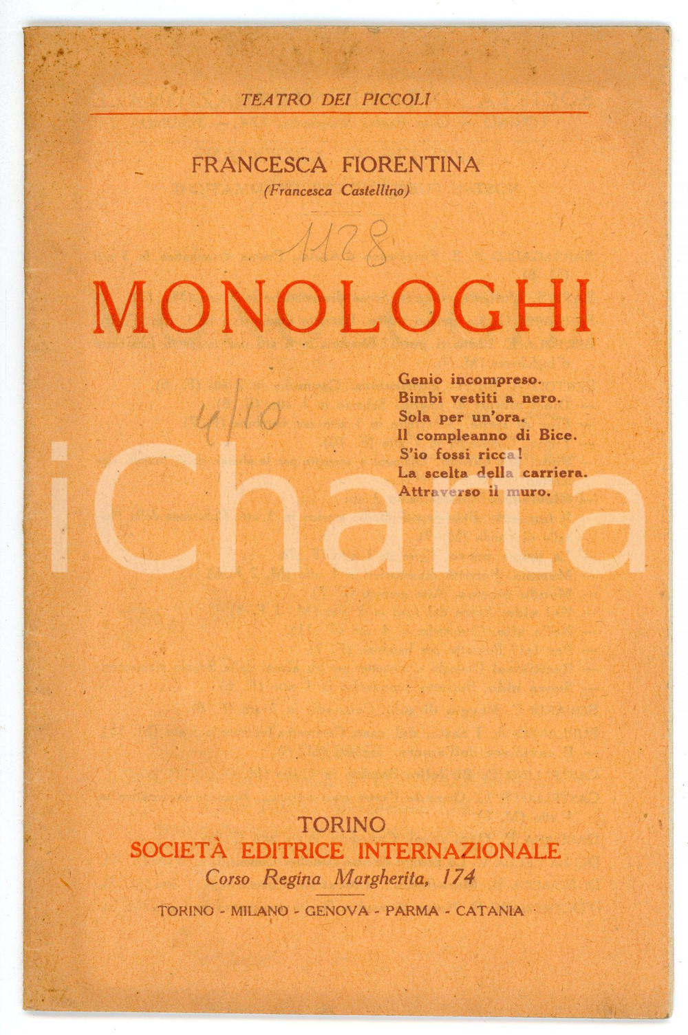 Libro, pubblicazione d epoca 1926 Francesca FIORENTINA Francesca CASTELLINO Monologhi  Teatro dei piccoli 1