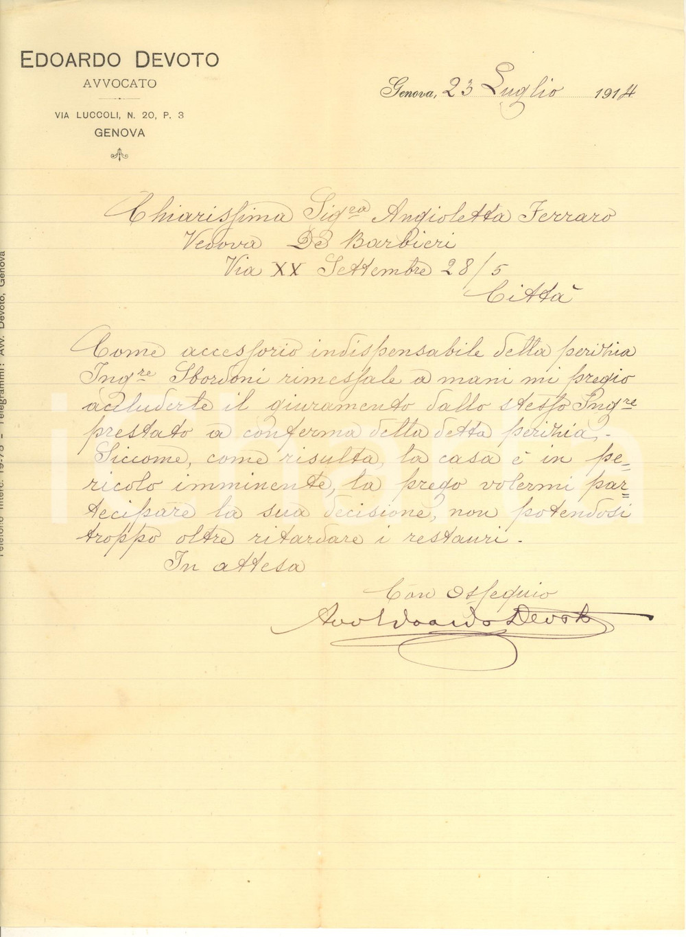 Autografo originale 1914 GENOVA Lettera avvocato Edoardo DEVOTO su questione urgente Autografo 1