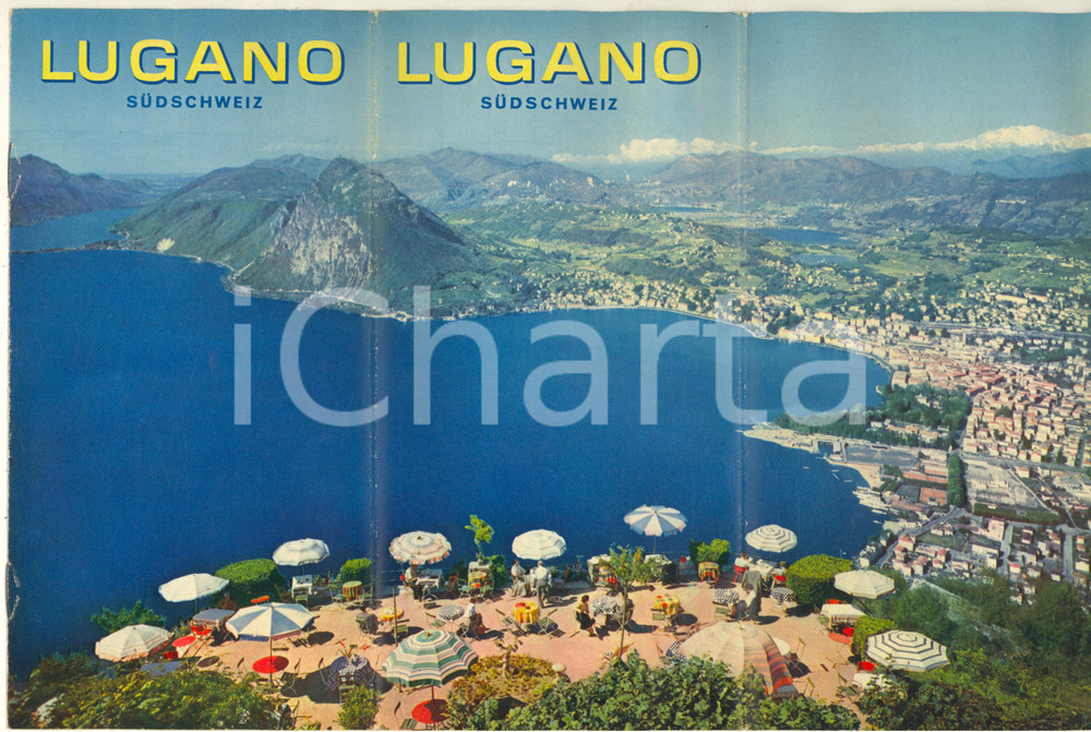 Materiale pubblicitario d’epoca 1955 ca LUGANO  SUDSCHWEIZ Opuscolo turistico ILLUSTRATO con mappa DEUTSCH 1