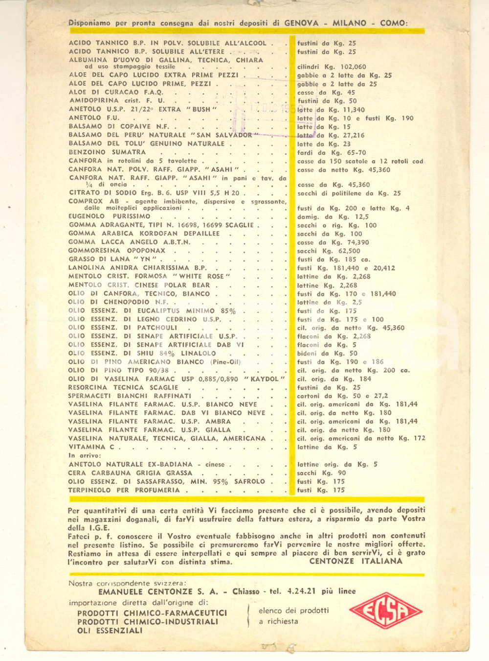 Materiale pubblicitario d’epoca 1959 PONTE CHIASSO CO CENTONZE ITALIANA Listino pubblicitario prodotti chimici 1