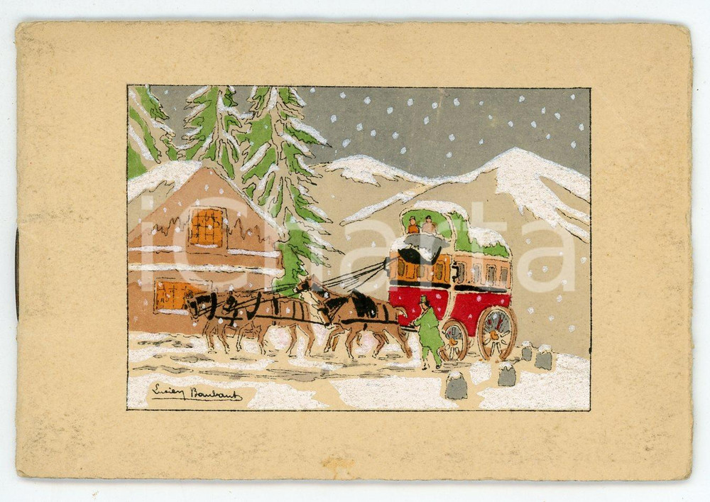 Oggetto da collezione cartaceo 1935 Artista Lucien BAUBANT Carro sotto la neve  Calendario tascabile 1
