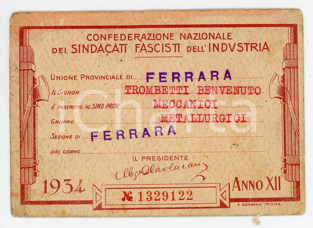 Oggetto da collezione cartaceo 1934 FERRARA Sindacati fascisti dell industria  Tessera Unione Metallurgici 1