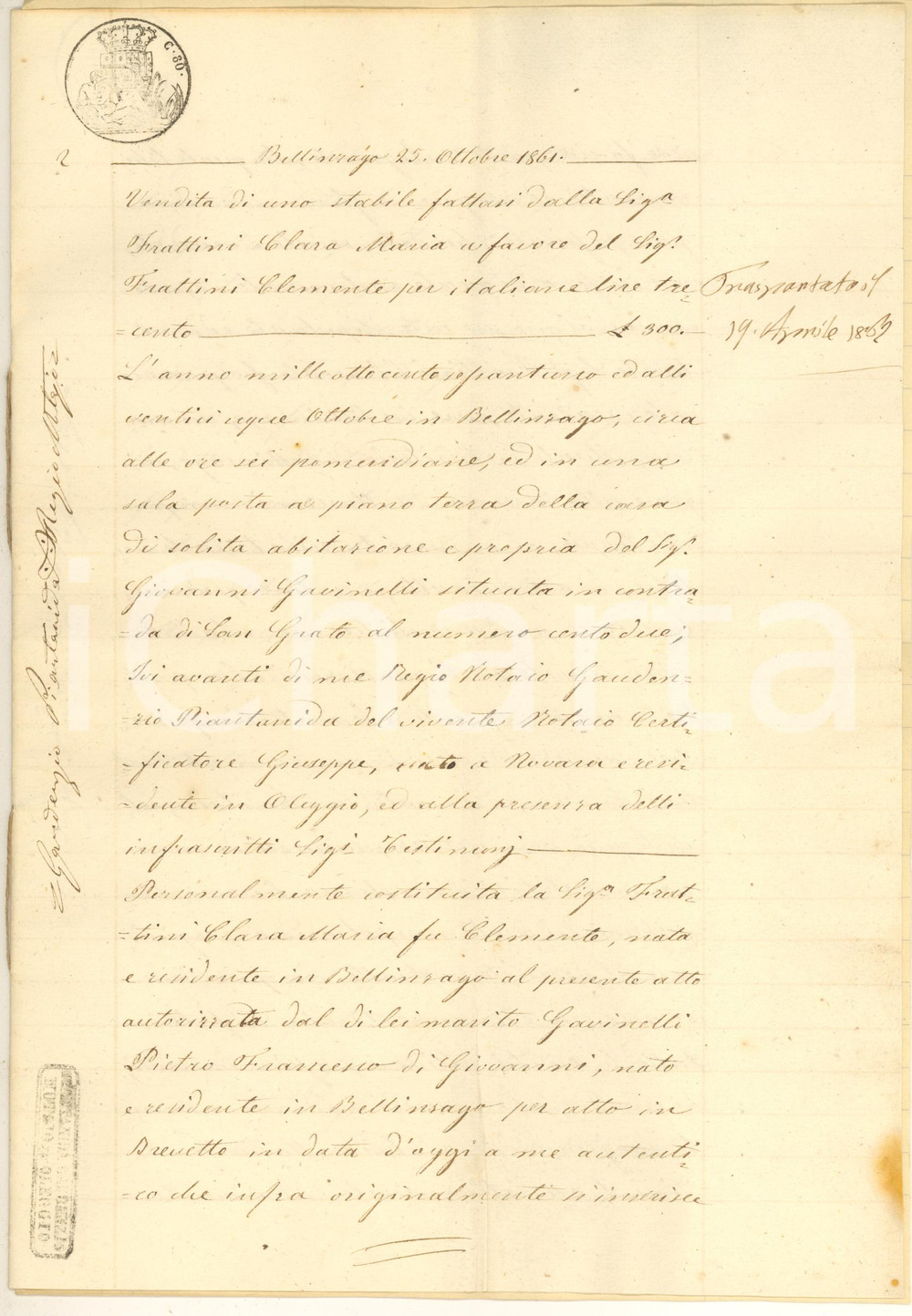 Documento originale, autentico 1861 BELLINZAGO NOVARESE Compravendita famiglia FRATTINI  Terreno aratorio 1