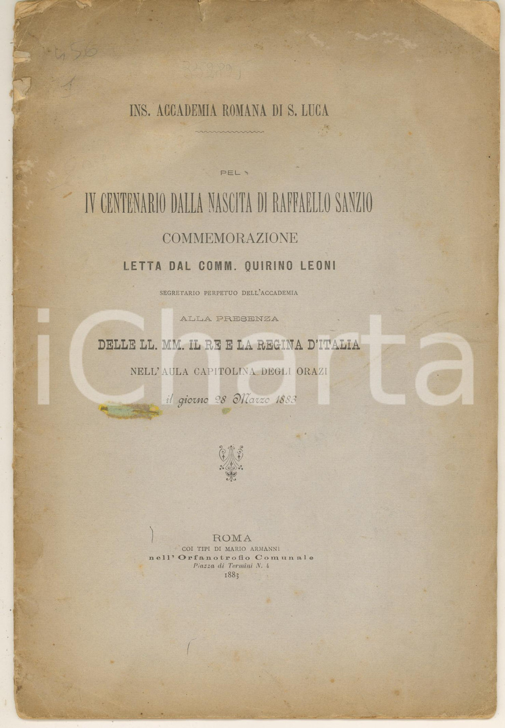 Libro, pubblicazione d epoca 1883 ROMA Quirino LEONI Commemorazione centenario nascita Raffaello Sanzio 1