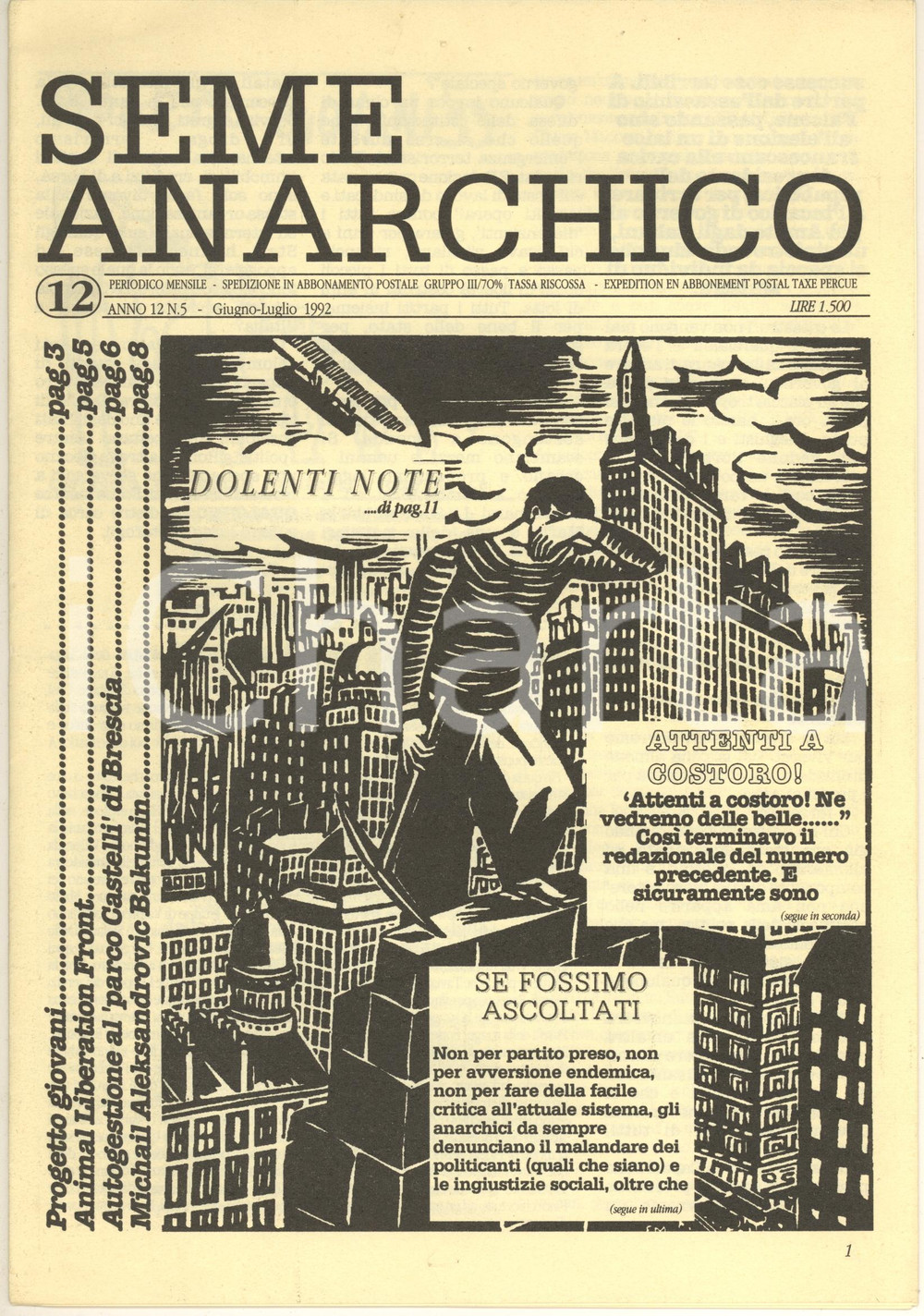 Giornale, rivista storica 1992 SEME ANARCHICO Autogestione al Parco Castelli di Brescia Rivista 1