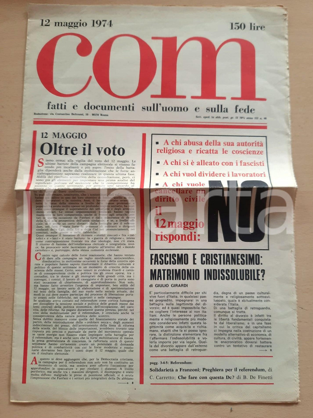Giornale, rivista storica 1974 COM Referendum sul divorzio  Vota no  Fascismo e cristianesimo Rivista 1